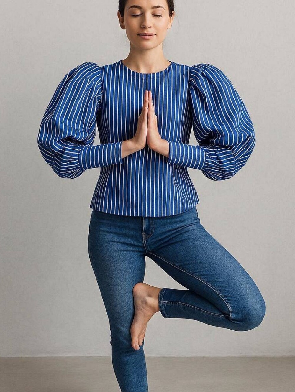 Blue Striped Puff-Sleeve Women's Top Handmade Sz M/L